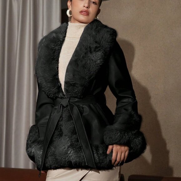 Black Elegant Women's Plaid Patchwork Coat With Collar And Belt - Picture 8 of 9